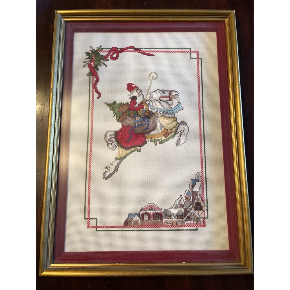 Completed Cross Stitch Art Santa Claus Christmas‎ Framed Victorian Old World